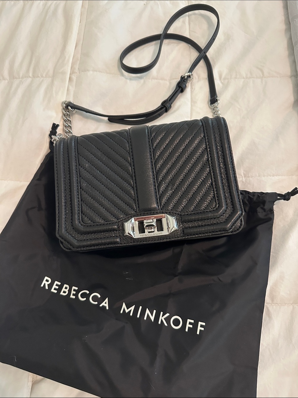Rebecca Minkoff Black Quilted Chevron Leather Crossbody with Silver Hardware
